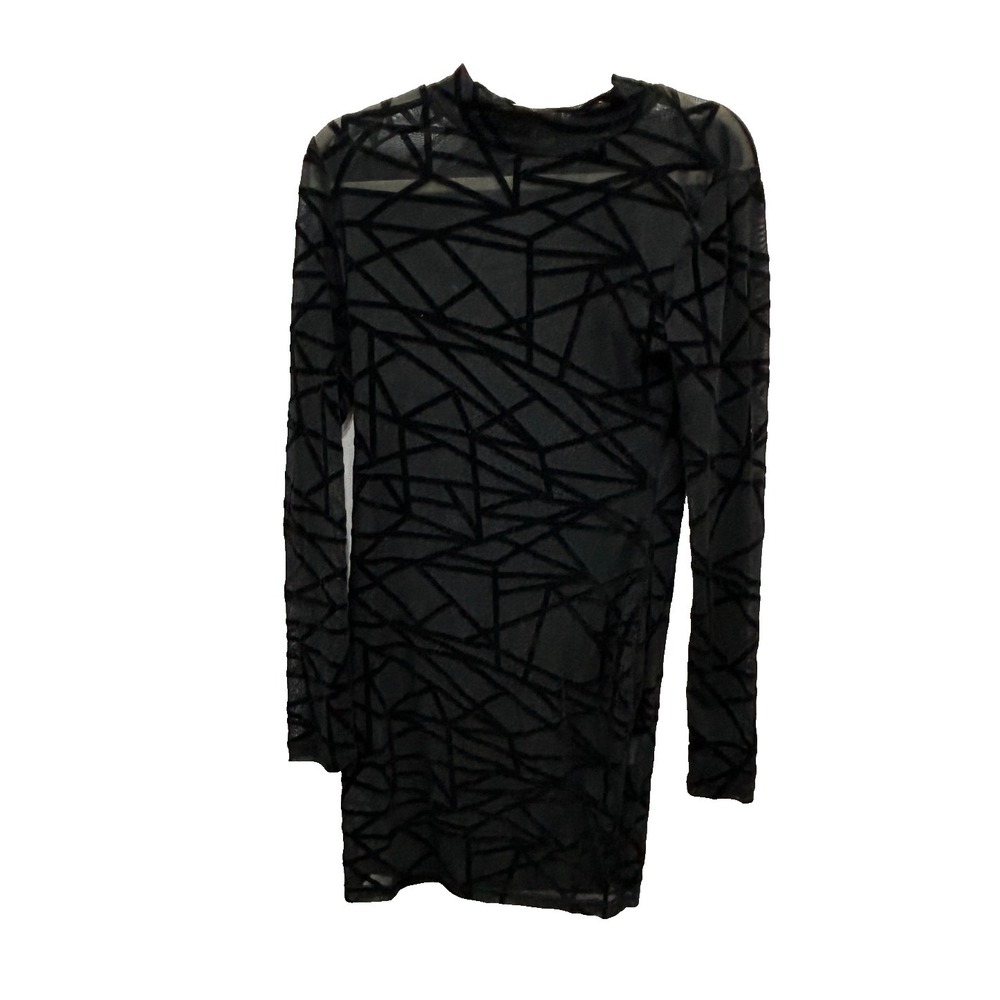 SHEIN Bodycon Dress Womens M Black Sheer Geometric Mesh Long‎ Sleeve Whimsigoth